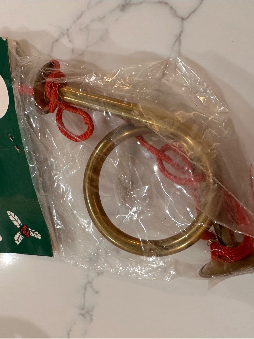 Vintage Brass Ornament Ring with Red Cord Holiday Accent